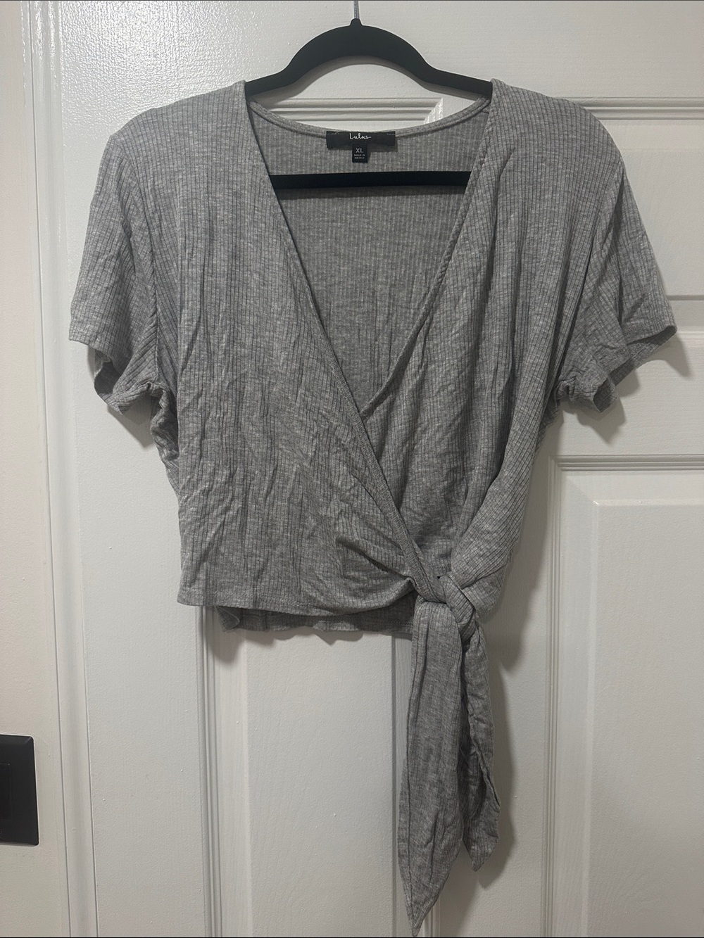 Lulu's Light Gray Ribbed Wrap Crop Top with Side Tie